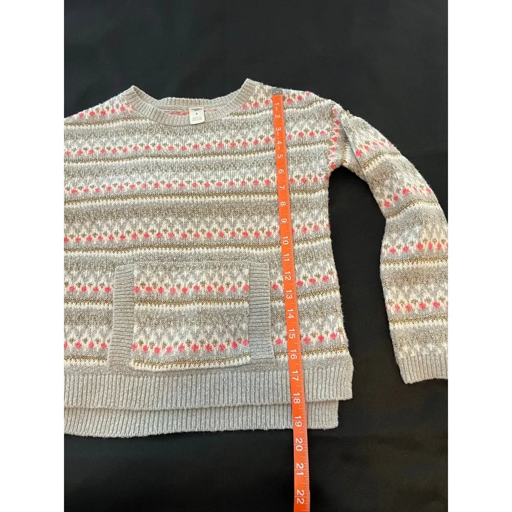 OshKosh Bgosh Girls Size 8 Fair Isle Metallic Knit Sweater Gray Pink Gold Pocket